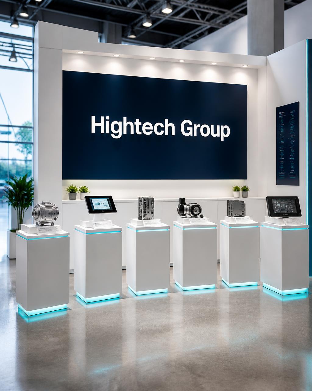 Hightech Group trade show booth with six product displays